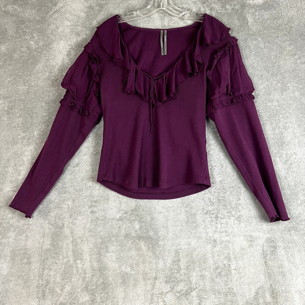 Anthropologie Top Womens L Long Sleeve Ruffles Plum Boho Cropped
